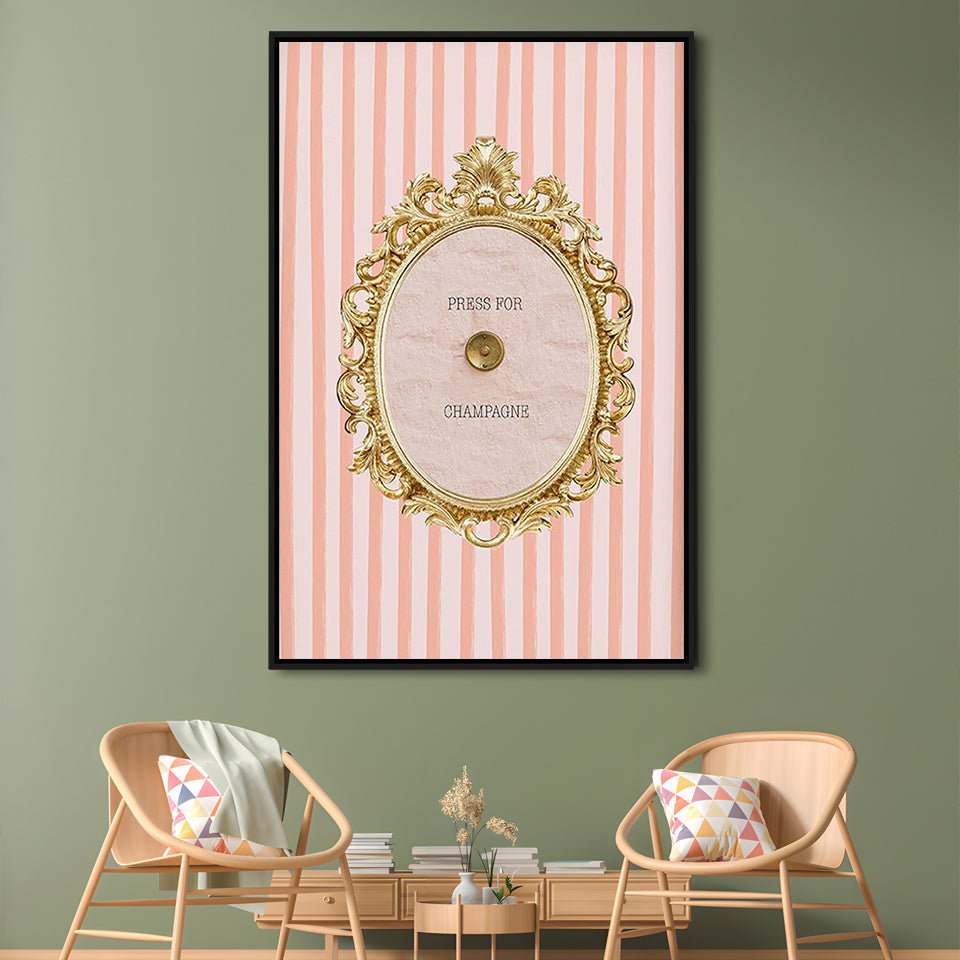 Champagne Wall Art Print, Pink Striped, Floating Framed Canvas Art Print,, Framed Canvas Prints Wall Art