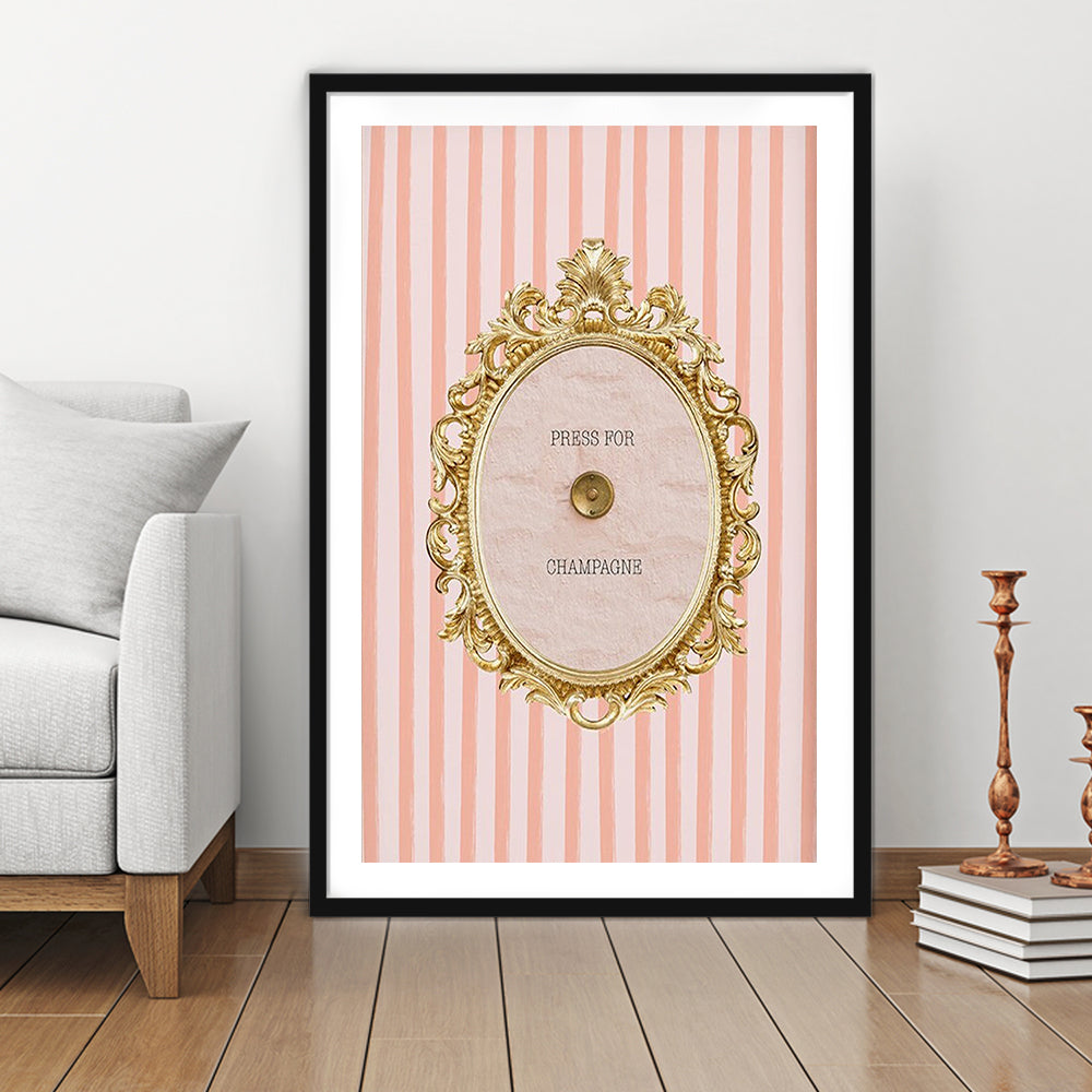 Champagne Wall Art Print, Pink Striped, Framed Picture Print, Framed Art Prints White Border Wall Decor