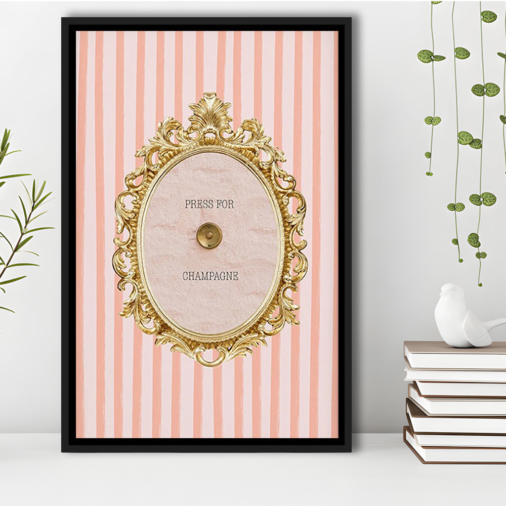 Champagne Wall Art Print, Pink Striped, Floating Framed Canvas Art Print,, Framed Canvas Prints Wall Art