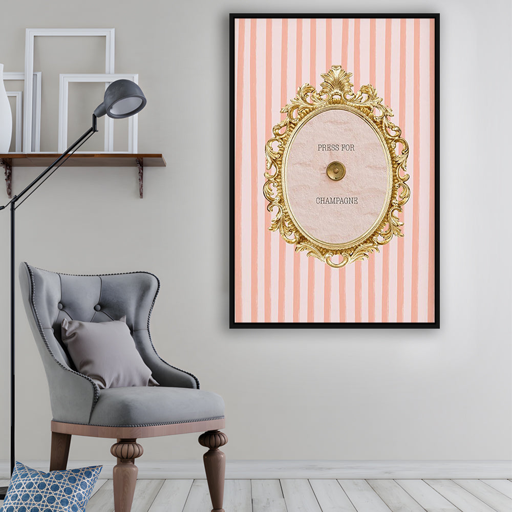 Champagne Wall Art Print, Pink Striped, Floating Framed Canvas Art Print,, Framed Canvas Prints Wall Art
