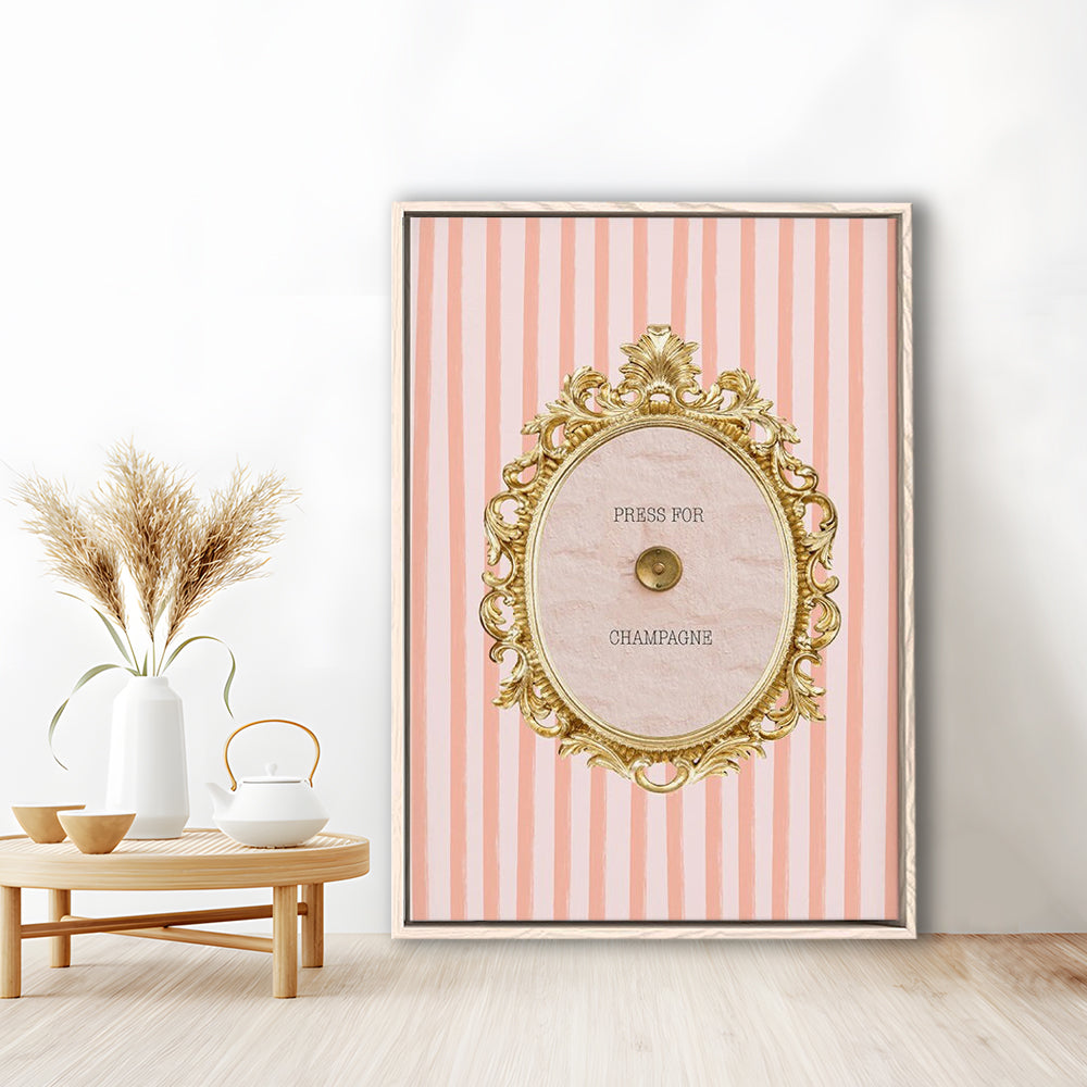 Champagne Wall Art Print, Pink Striped, Floating Framed Canvas Art Print,, Framed Canvas Prints Wall Art