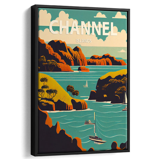 Channel Islands Retro Art Print, Channel Islands City Wall Art, Floating Framed Canvas Print, Framed Picture, Painting Canvas
