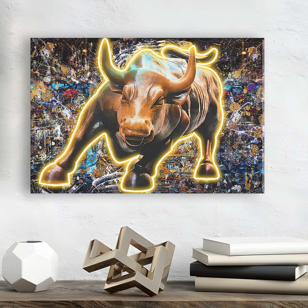 Charging Bull In New York Art Print, Canvas Print Wall Art, Wall Decor, Neon Effect Art