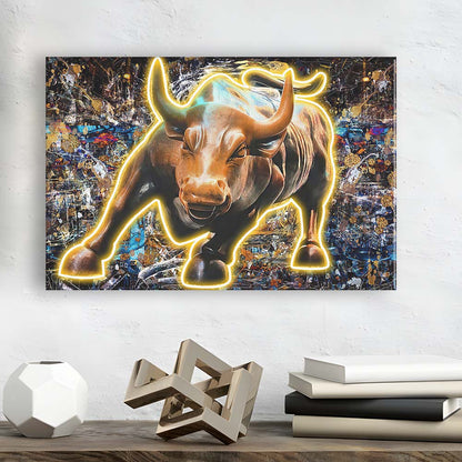 Charging Bull In New York Art Print, Canvas Print Wall Art, Wall Decor, Neon Effect Art