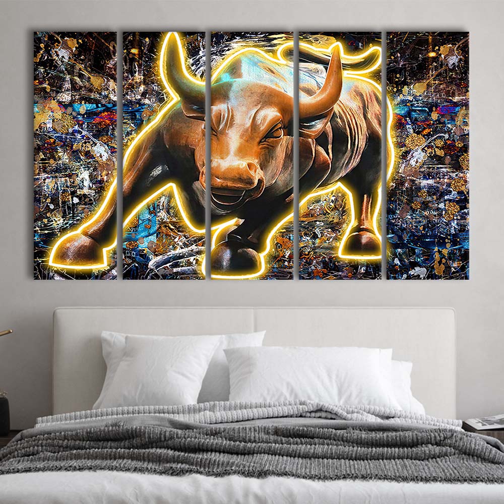 Charging Bull In New York Art Print, Extra Large 5 Panels Multi Canvas Print Wall Art, Home Decor