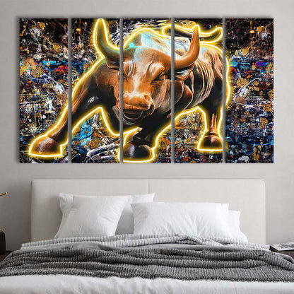Charging Bull In New York Art Print, Extra Large 5 Panels Multi Canvas Print Wall Art, Home Decor