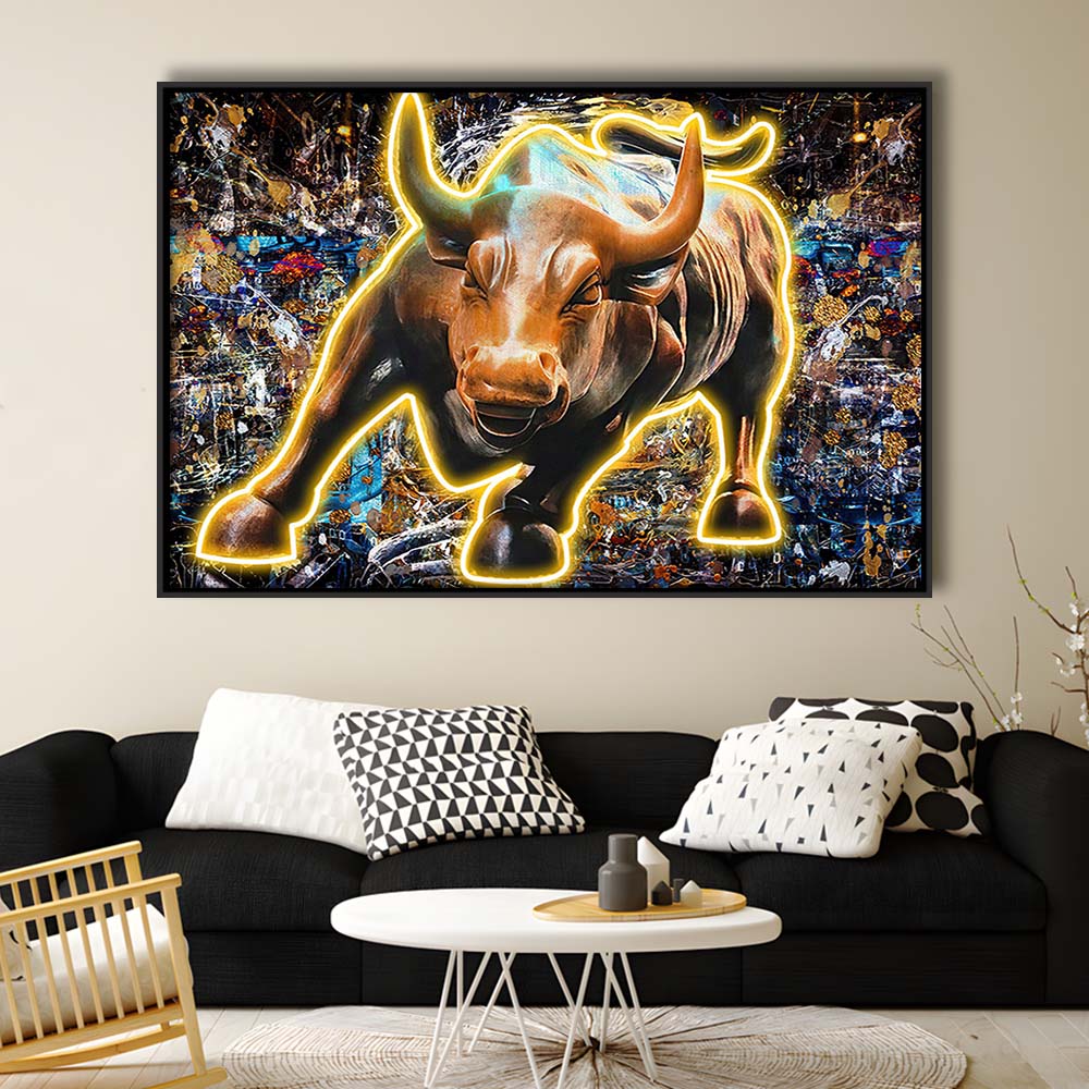 Charging Bull In New York Art Print, Framed Canvas Print Wall Art Decor, Floating Frame, Neon Effect Art