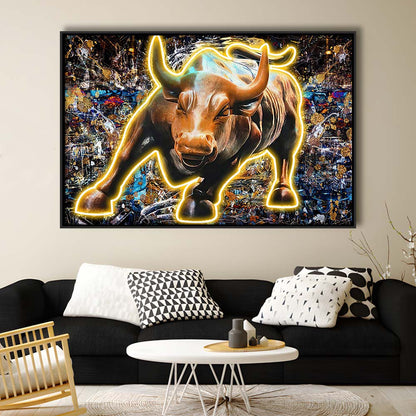 Charging Bull In New York Art Print, Framed Canvas Print Wall Art Decor, Floating Frame, Neon Effect Art