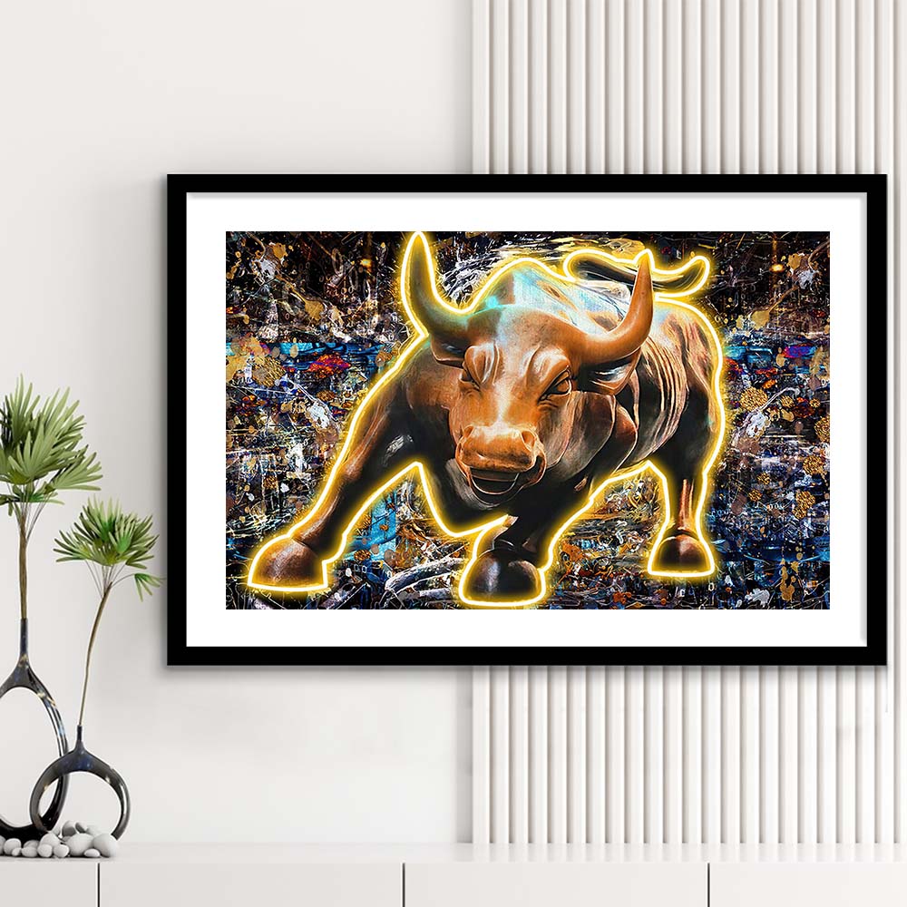 Charging Bull In New York Art Print, Framed Art Print Wall Decor, White Border, Framed Picture