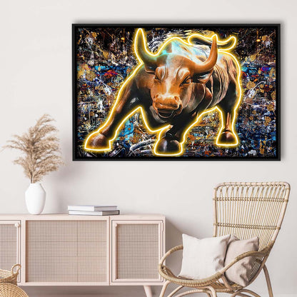 Charging Bull In New York Art Print, Framed Canvas Print Wall Art Decor, Floating Frame, Neon Effect Art