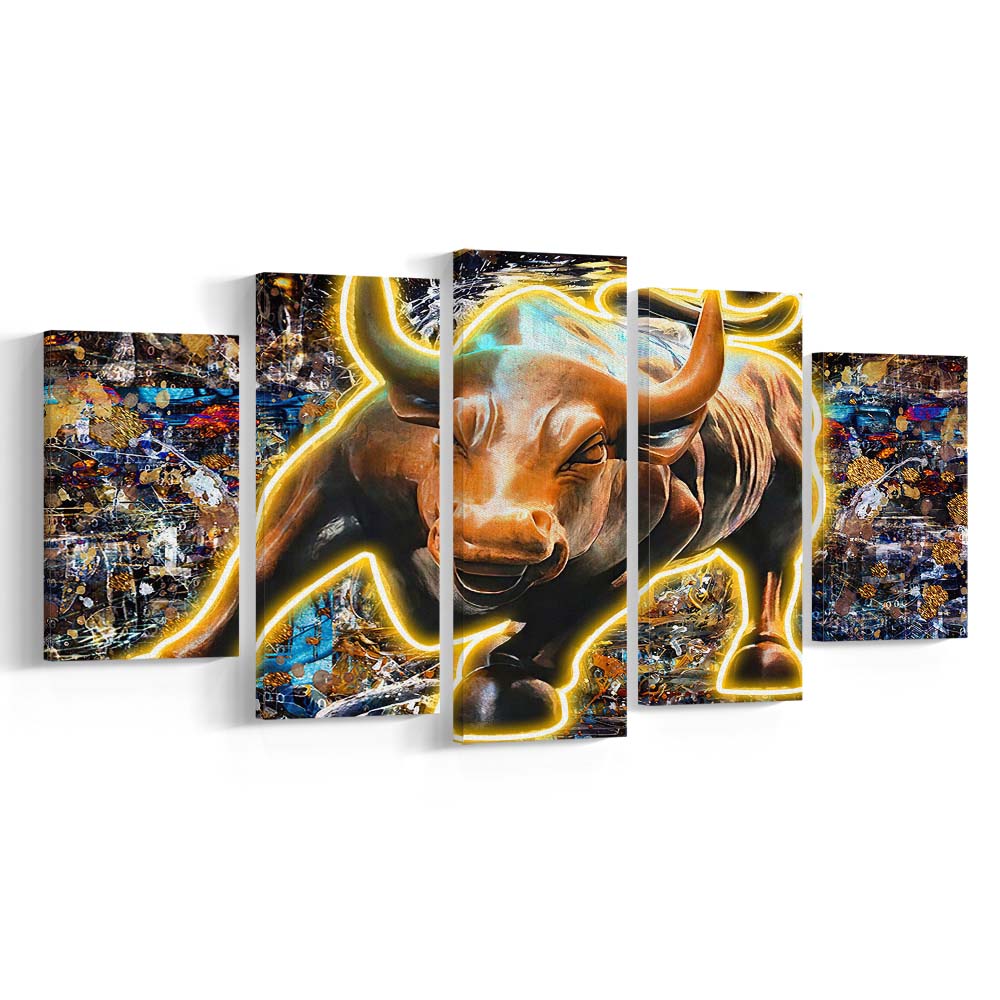 Charging Bull In New York Art Print, 5 Panel Mixed Canvas Print Wall Art, Home Decor, Neon Canvas