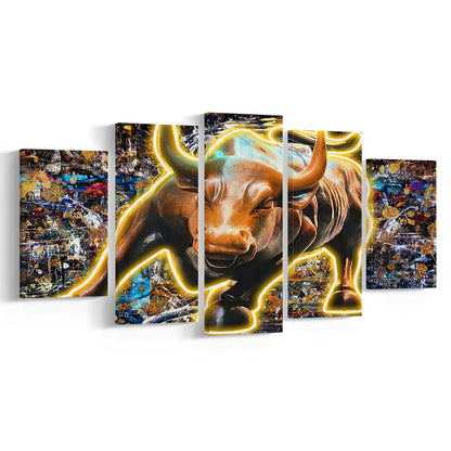 Charging Bull In New York Art Print, 5 Panel Mixed Canvas Print Wall Art, Home Decor, Neon Canvas
