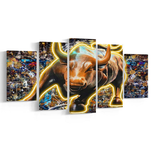 Charging Bull In New York Art Print, 5 Panel Mixed Canvas Print Wall Art, Home Decor, Neon Canvas