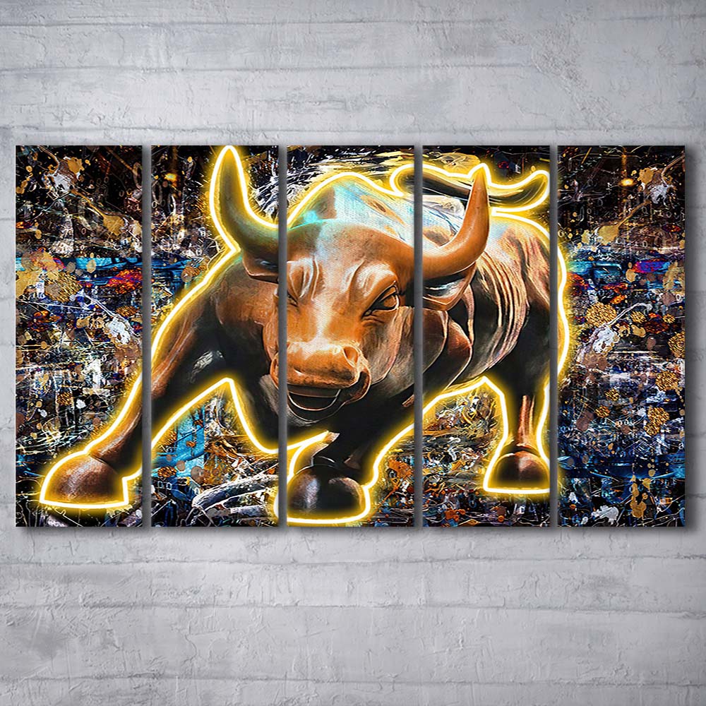 Charging Bull In New York Art Print, Extra Large 5 Panels Multi Canvas Print Wall Art, Home Decor