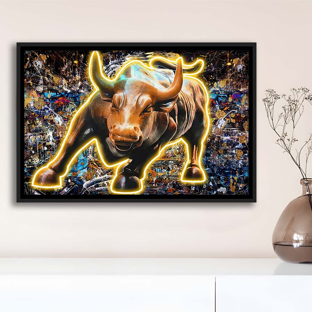 Charging Bull In New York Art Print, Framed Canvas Print Wall Art Decor, Floating Frame, Neon Effect Art