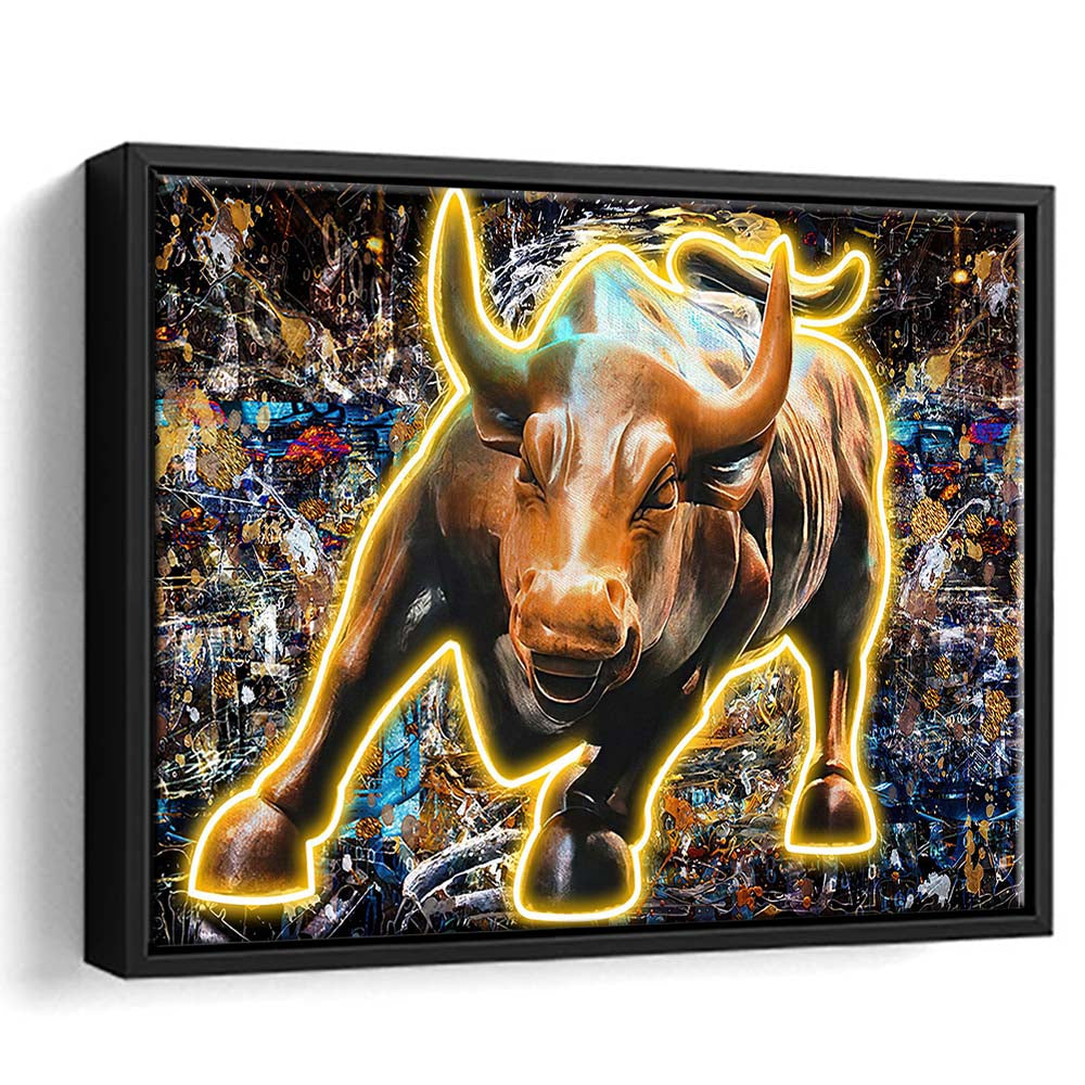 Charging Bull In New York Art Print, Framed Canvas Print Wall Art Decor, Floating Frame, Neon Effect Art