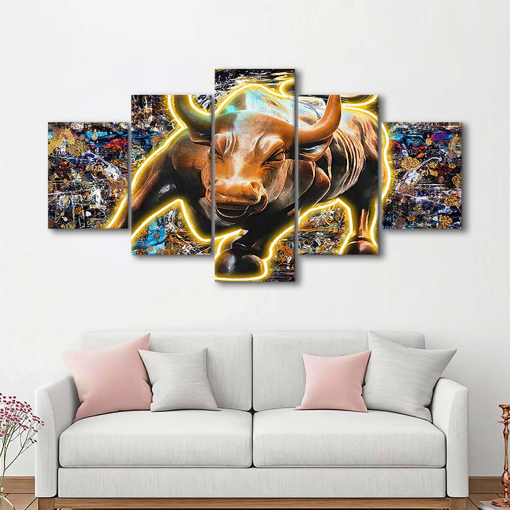 Charging Bull In New York Art Print, 5 Panel Mixed Canvas Print Wall Art, Home Decor, Neon Canvas