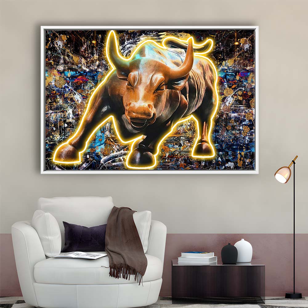 Charging Bull In New York Art Print, Framed Canvas Print Wall Art Decor, Floating Frame, Neon Effect Art