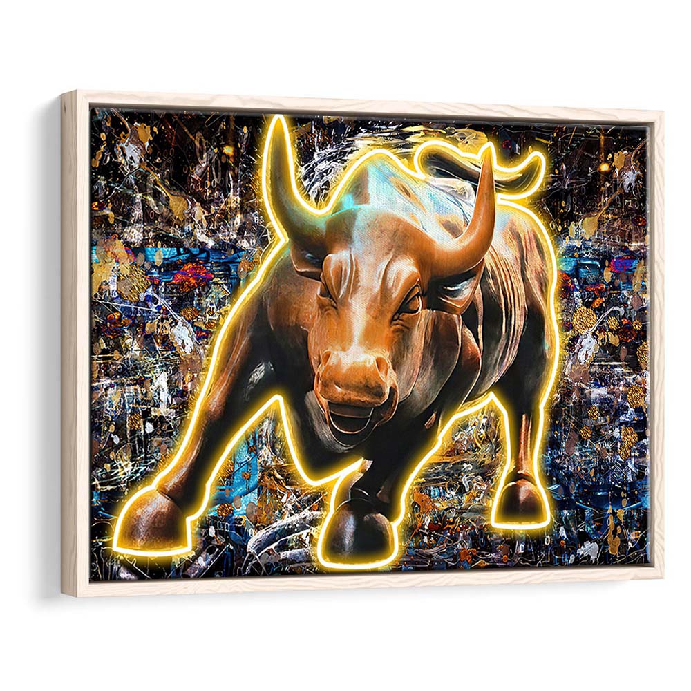 Charging Bull In New York Art Print, Framed Canvas Print Wall Art Decor, Floating Frame, Neon Effect Art
