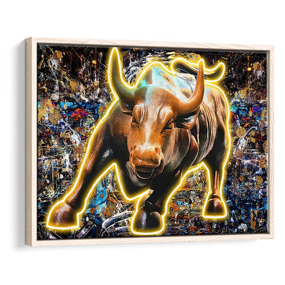 Charging Bull In New York Art Print, Framed Canvas Print Wall Art Decor, Floating Frame, Neon Effect Art
