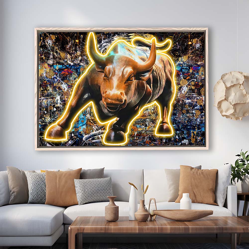 Charging Bull In New York Art Print, Framed Canvas Print Wall Art Decor, Floating Frame, Neon Effect Art