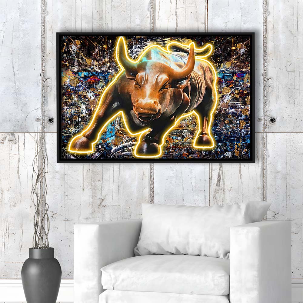 Charging Bull In New York Art Print, Framed Canvas Print Wall Art Decor, Floating Frame, Neon Effect Art