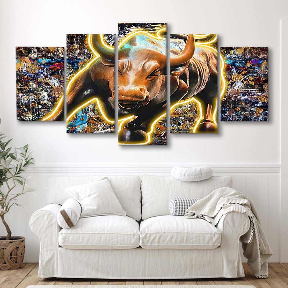 Charging Bull In New York Art Print, 5 Panel Mixed Canvas Print Wall Art, Home Decor, Neon Canvas