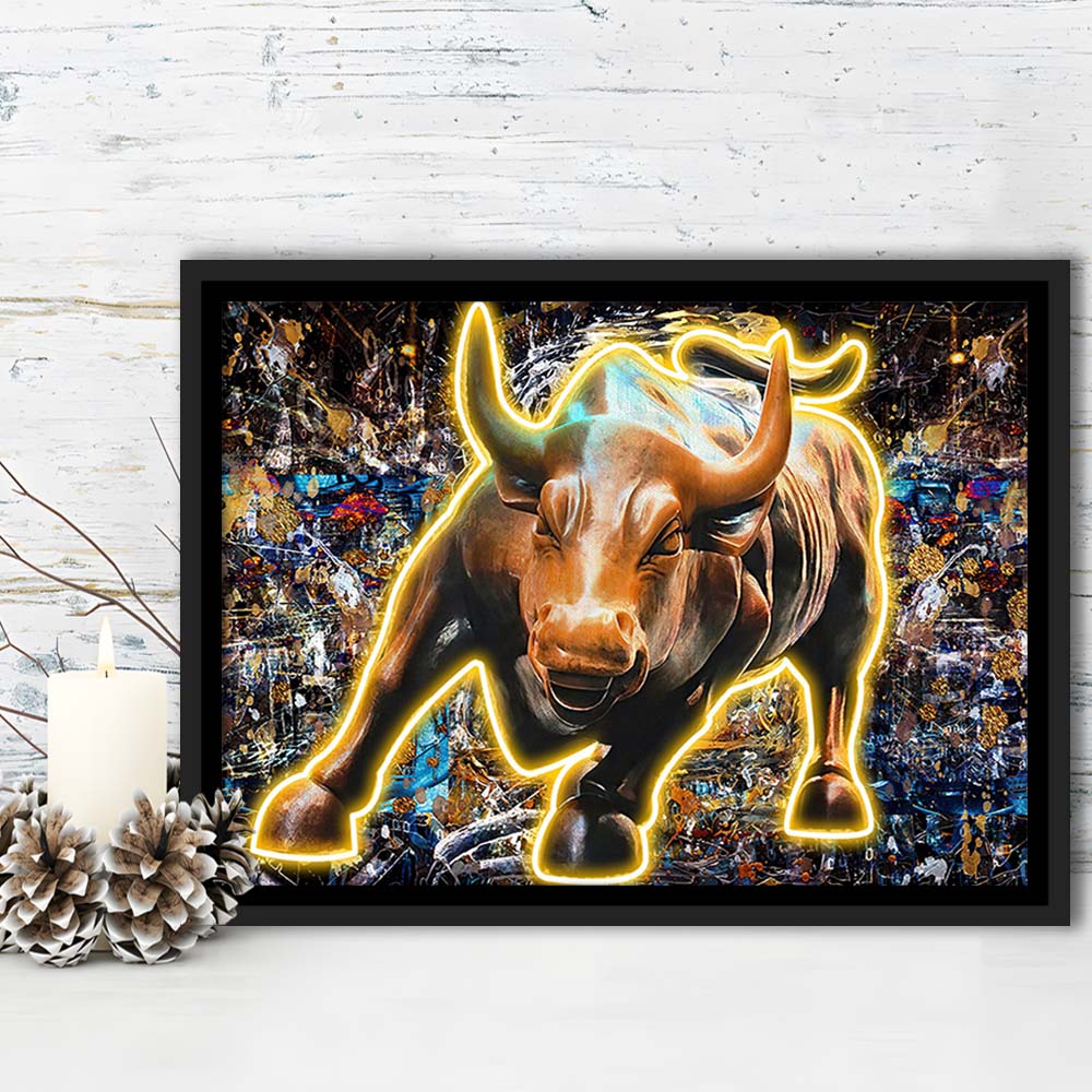 Charging Bull In New York Art Print, Framed Canvas Print Wall Art Decor, Floating Frame, Neon Effect Art