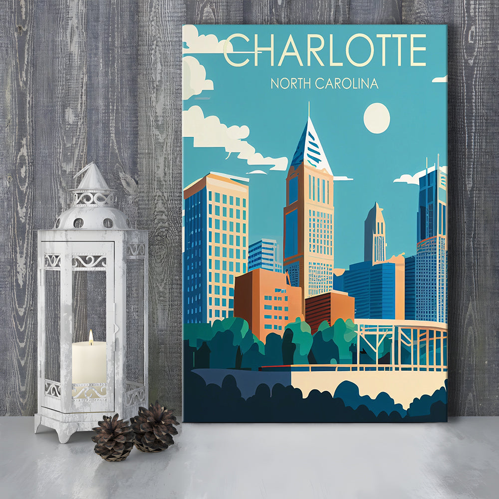 Charlotte North Carolina Retro Art Print, Charlotte City Wall Art, Canvas Print, Painting Canvas, Living Room Decor