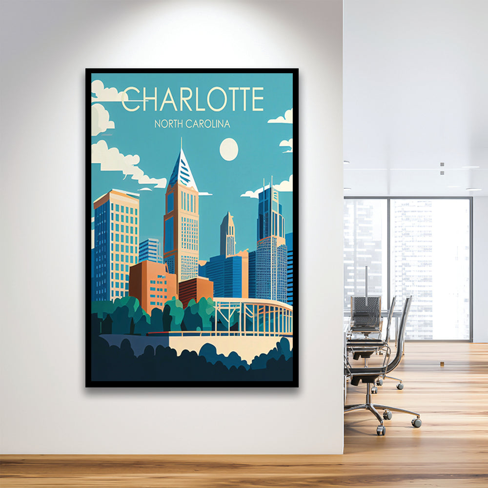 Charlotte North Carolina Retro Art Print, Charlotte City Wall Art, Framed Art Print, Picture Framed, Painting Art