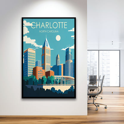 Charlotte North Carolina Retro Art Print, Charlotte City Wall Art, Framed Art Print, Picture Framed, Painting Art
