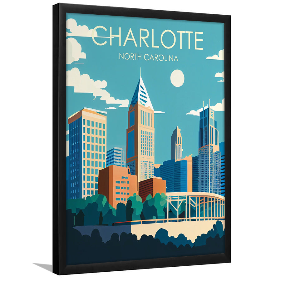 Charlotte North Carolina Retro Art Print, Charlotte City Wall Art, Framed Art Print, Picture Framed, Painting Art