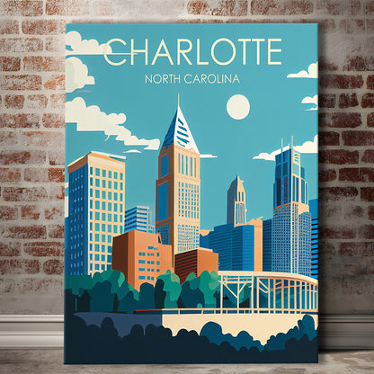 Charlotte North Carolina Retro Art Print, Charlotte City Wall Art, Canvas Print, Painting Canvas, Living Room Decor