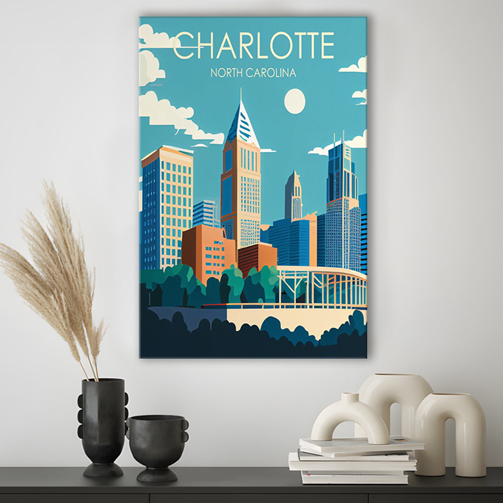Charlotte North Carolina Retro Art Print, Charlotte City Wall Art, Canvas Print, Painting Canvas, Living Room Decor