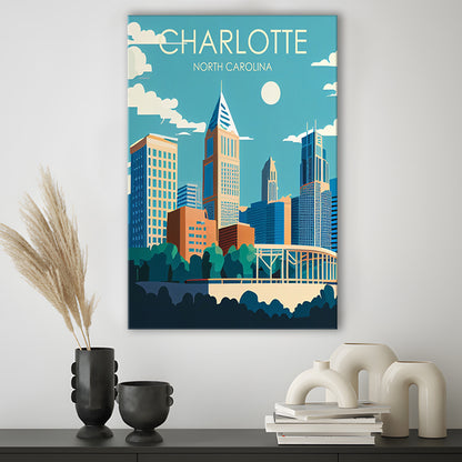 Charlotte North Carolina Retro Art Print, Charlotte City Wall Art, Canvas Print, Painting Canvas, Living Room Decor