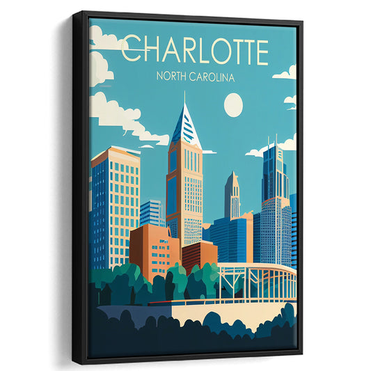 Charlotte North Carolina Retro Art Print, Charlotte City Wall Art, Floating Framed Canvas Print, Framed Picture, Painting Canvas