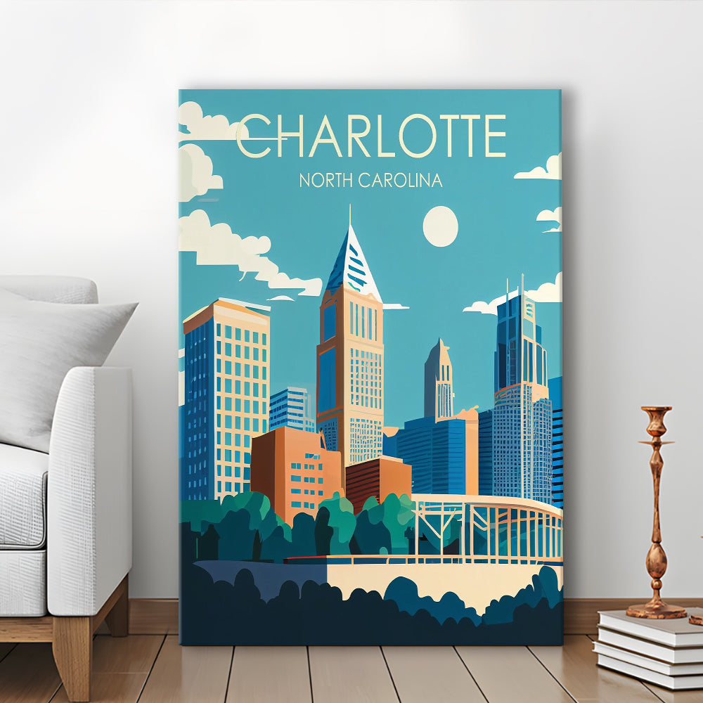 Charlotte North Carolina Retro Art Print, Charlotte City Wall Art, Canvas Print, Painting Canvas, Living Room Decor