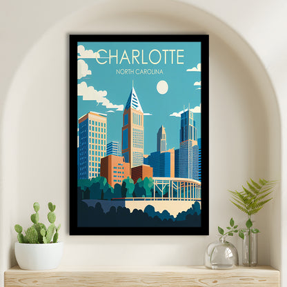 Charlotte North Carolina Retro Art Print, Charlotte City Wall Art, Framed Art Print, Picture Framed, Painting Art