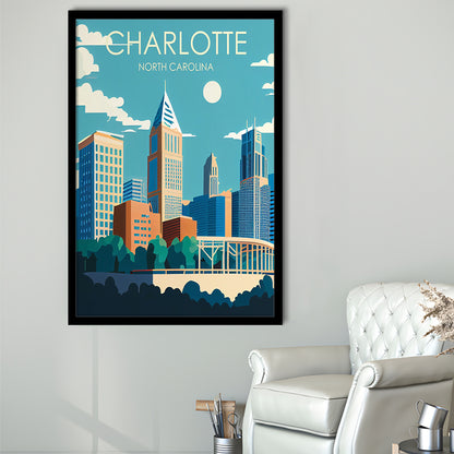 Charlotte North Carolina Retro Art Print, Charlotte City Wall Art, Framed Art Print, Picture Framed, Painting Art