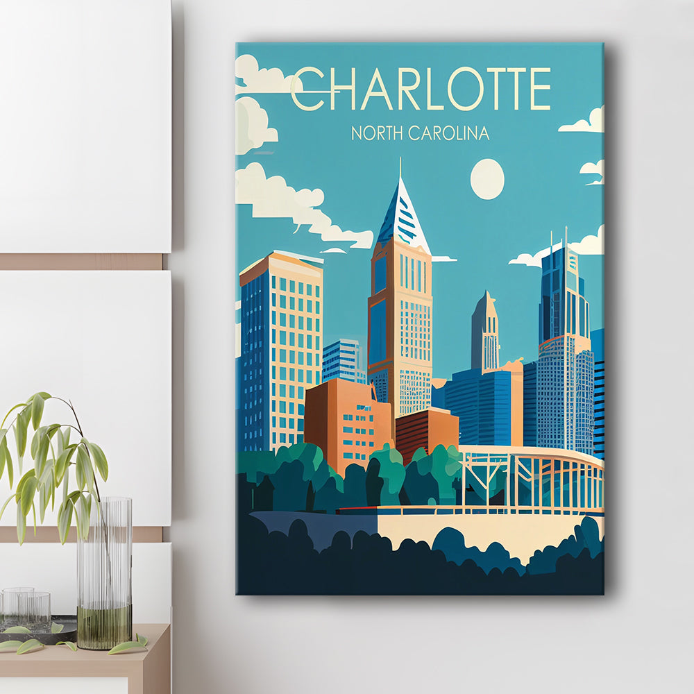 Charlotte North Carolina Retro Art Print, Charlotte City Wall Art, Canvas Print, Painting Canvas, Living Room Decor