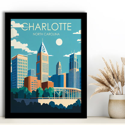 Charlotte North Carolina Retro Art Print, Charlotte City Wall Art, Framed Art Print, Picture Framed, Painting Art