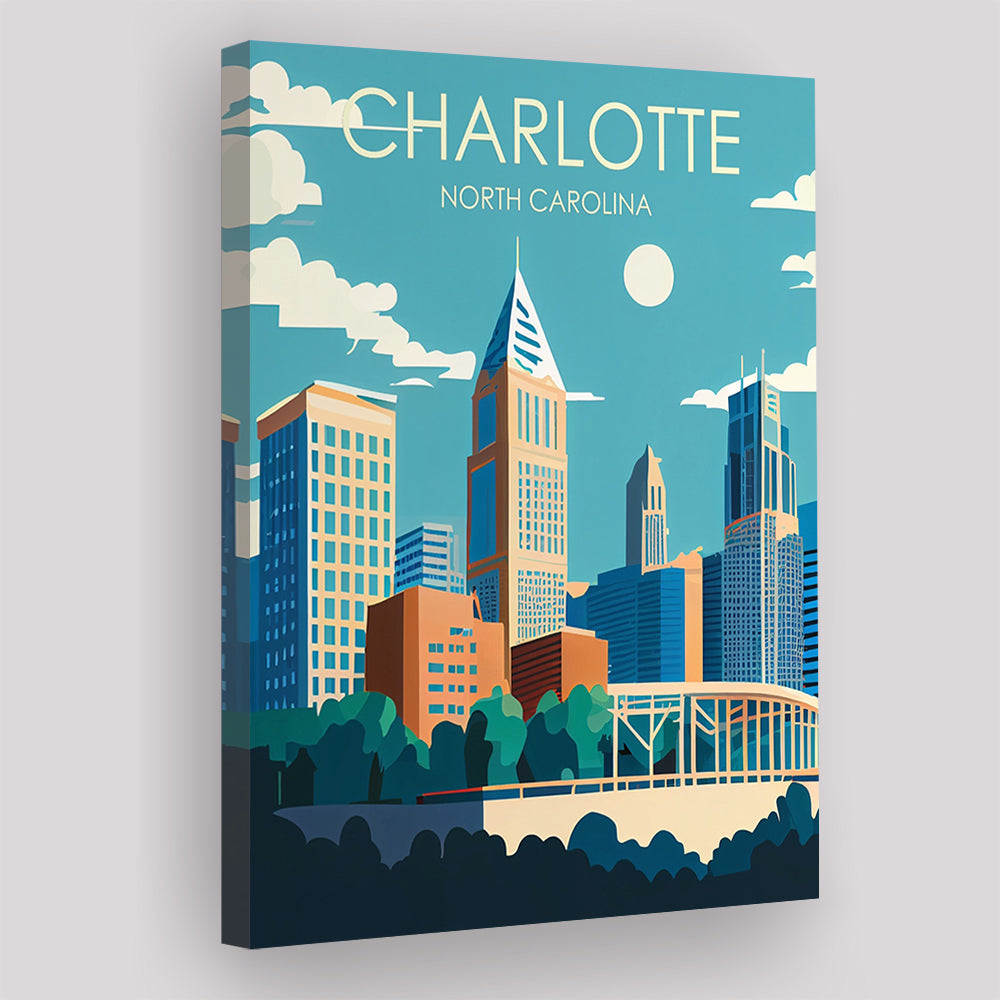 Charlotte North Carolina Retro Art Print, Charlotte City Wall Art, Canvas Print, Painting Canvas, Living Room Decor
