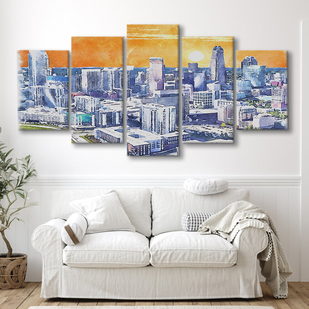 Charlotte Watercolor, Charlotte North Carolina, Sport Art, Mixed 5 Panel, Canvas Print Wall Art