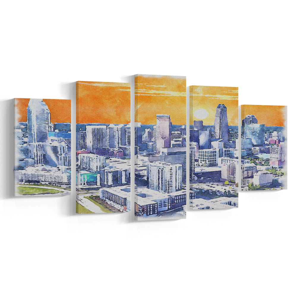 Charlotte Watercolor, Charlotte North Carolina, Sport Art, Mixed 5 Panel, Canvas Print Wall Art