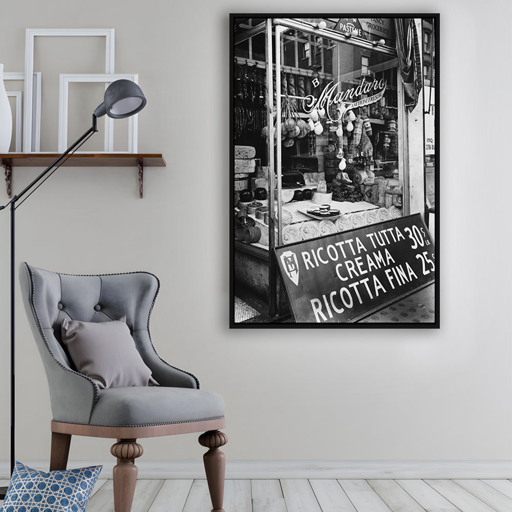Cheese Shop New York City Black and White Art Kitchen Wall Decor, Floating Framed Canvas Print