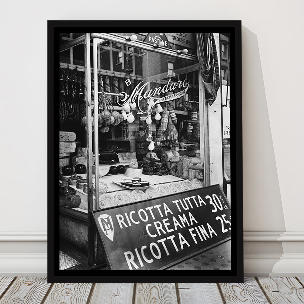 Cheese Shop New York City Black and White Art Kitchen Wall Decor, Floating Framed Canvas Print