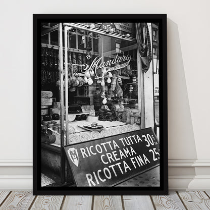 Cheese Shop New York City Black and White Art Kitchen Wall Decor, Floating Framed Canvas Print