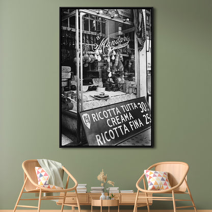Cheese Shop New York City Black and White Art Kitchen Wall Decor, Floating Framed Canvas Print