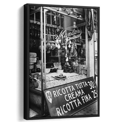 Cheese Shop New York City Black and White Art Kitchen Wall Decor, Floating Framed Canvas Print