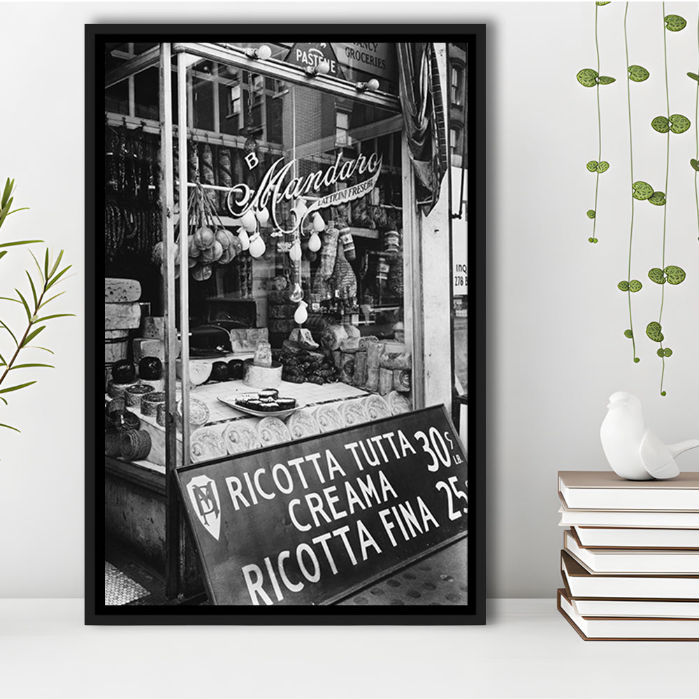 Cheese Shop New York City Black and White Art Kitchen Wall Decor, Floating Framed Canvas Print